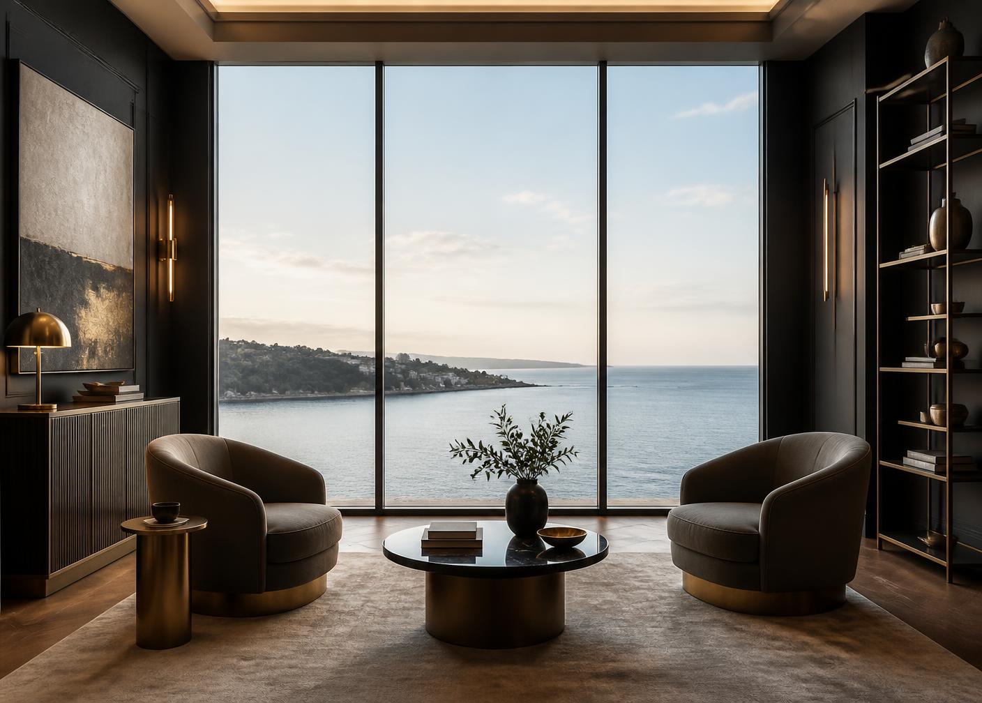 Sala de atendimento da DZA IMÓVEIS com vista para o mar