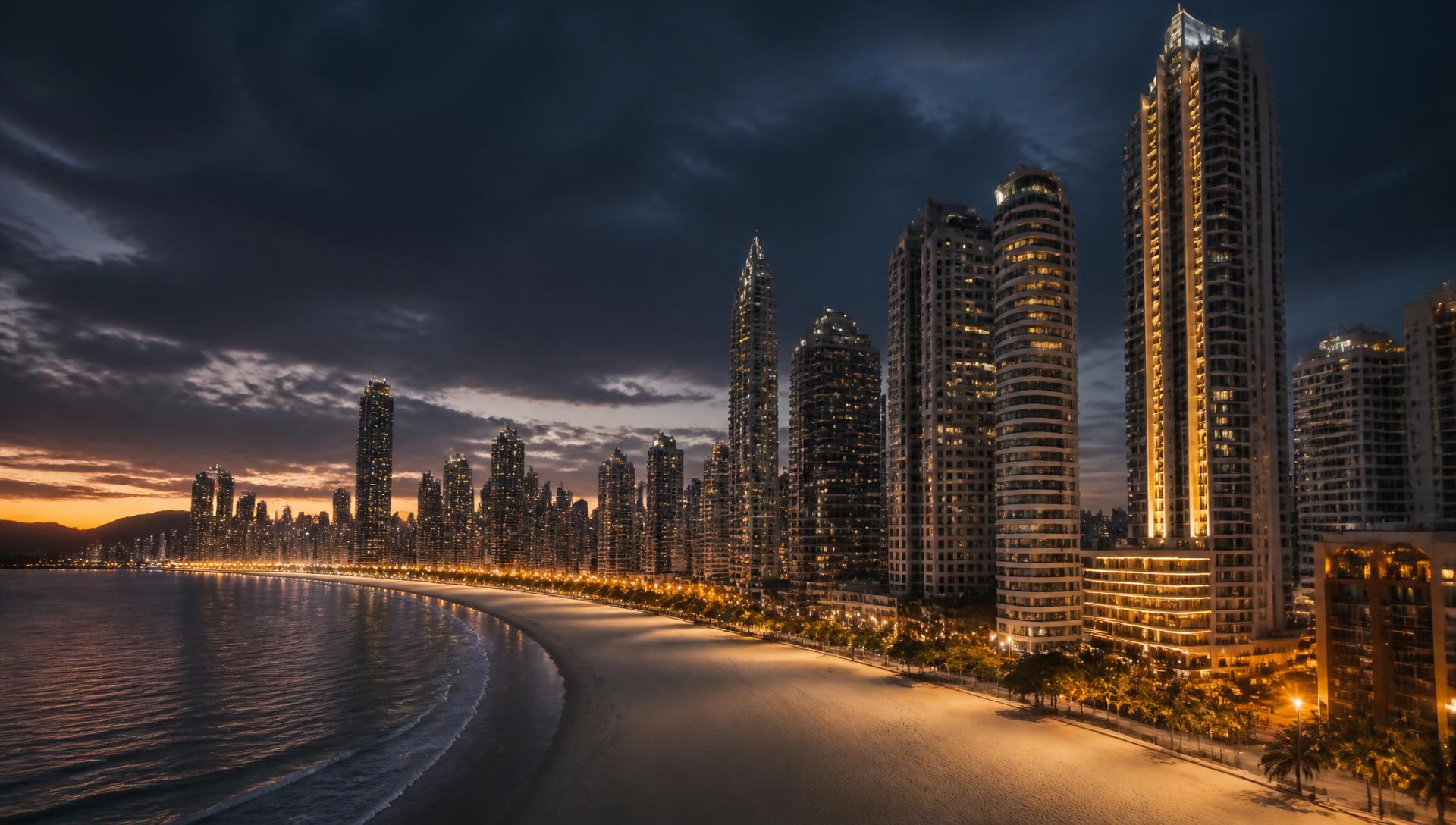 Skyline de arranha-céus à beira-mar em Balneário Camboriú ao anoitecer